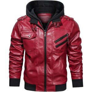 Mens Red HOOD CREW Faux Leather Motorcycle Bomber Jacket Removable Hood